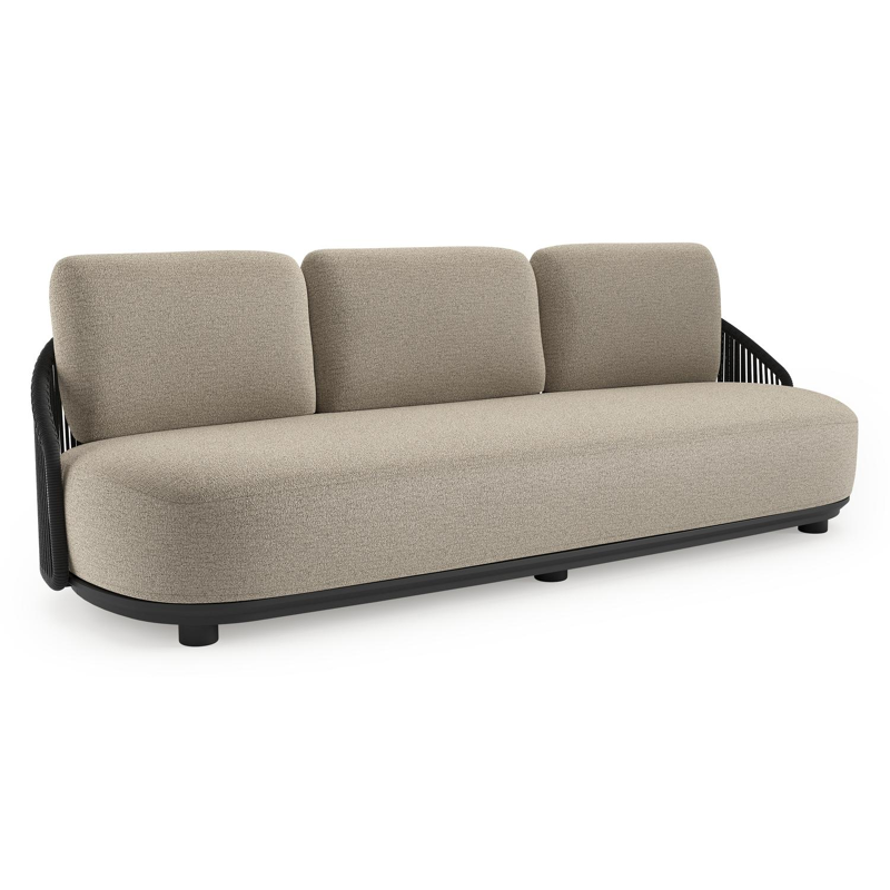 Vadelo loungebank in zwart aluminium en zwart verticaal geweven ronde rope met catania beige all weather cosytica kussen