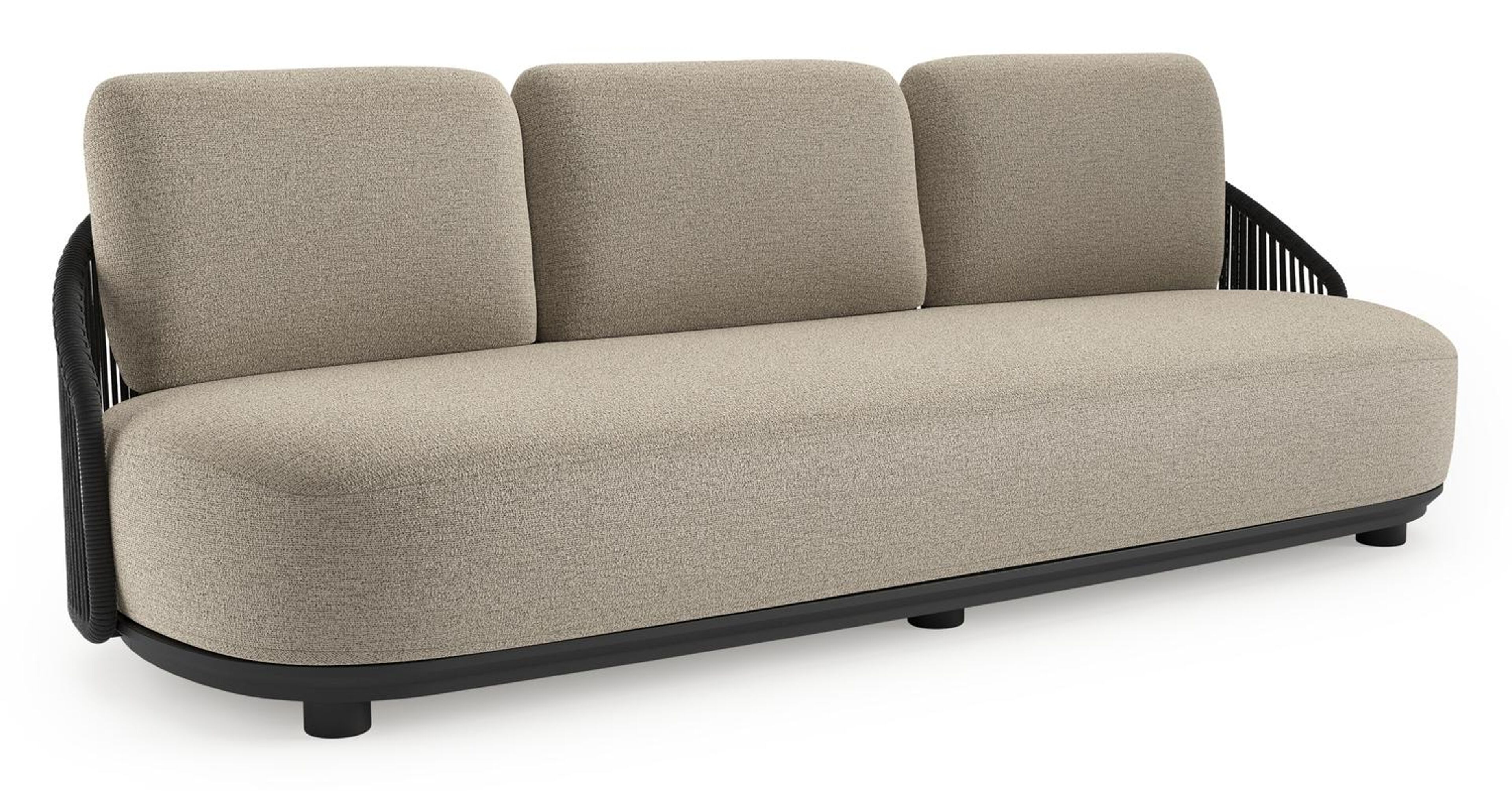 Canapé de jardin Vadelo en aluminium noir et corde ronde tissée verticalement noir et coussins en all weather cosytica catania beige