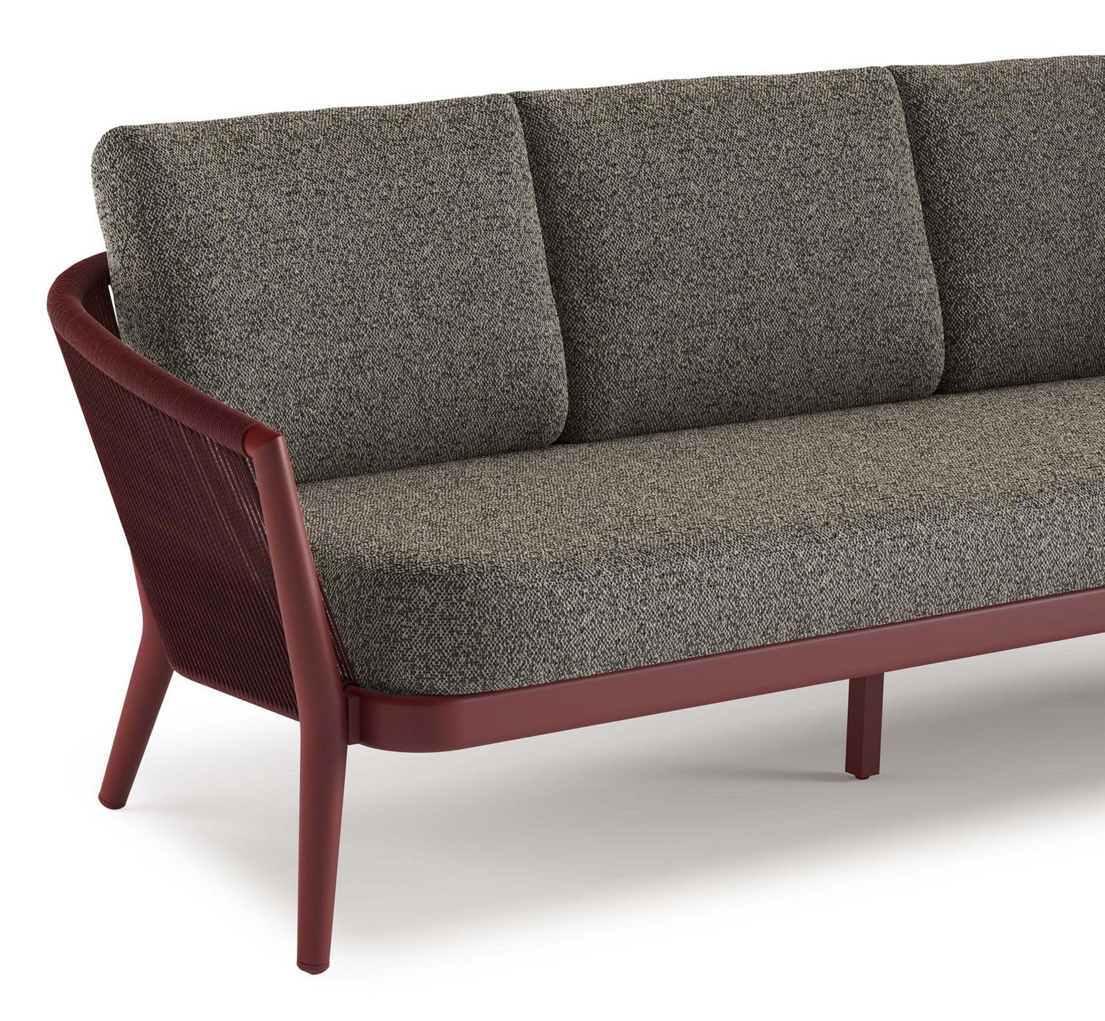 Orso loungebank in ruby aluminium en ruby verticaal geweven ronde rope met Marbella Tunder all weather cosytica kussen
