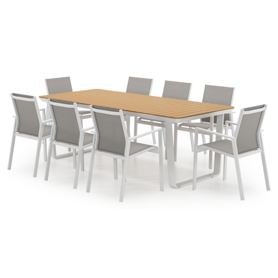 Ensemble de jardin Alora en aluminium blanc et polywood avec 8 chaises de jardin Bahia