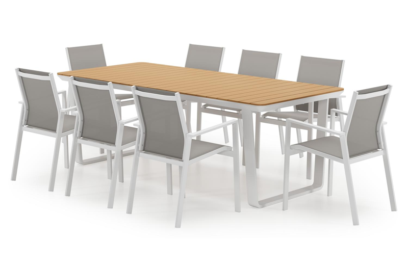 Alora tuinset in wit aluminium en polywood met 8 Bahia tuinstoelen