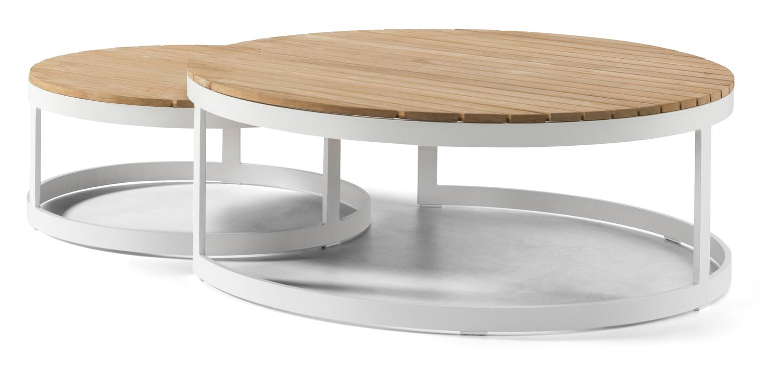 Enna loungetafels in wit aluminium en naturel teak - Tafel 1 Dia. 70 x H 30 cm Tafel 2 Dia.100 x H 37 cm