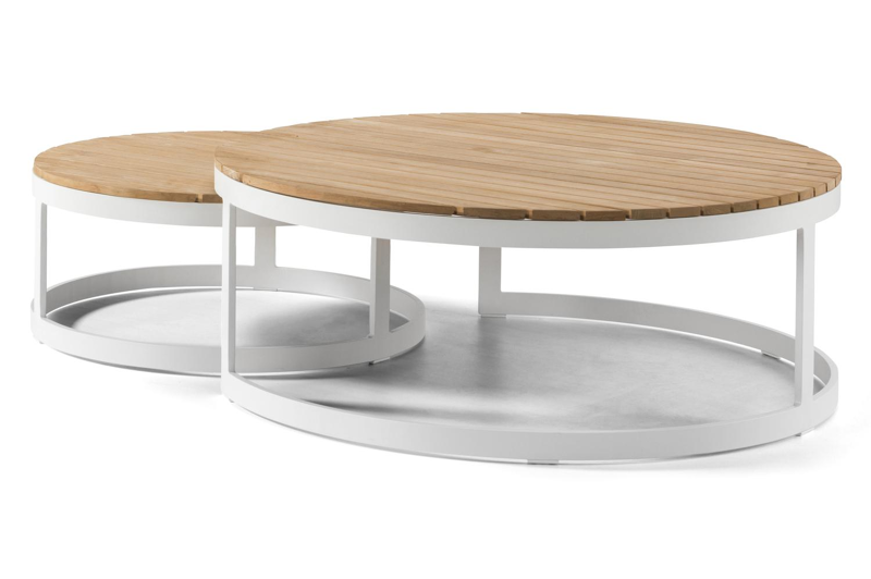 Enna loungetafels in wit aluminium en naturel teak - Tafel 1 Dia. 70 x H 30 cm Tafel 2 Dia.100 x H 37 cm
