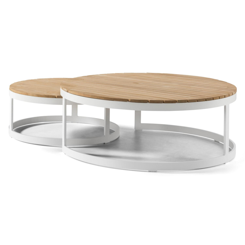 Enna loungetafels in wit aluminium en naturel teak - Tafel 1 Dia. 70 x H 30 cm Tafel 2 Dia.100 x H 37 cm