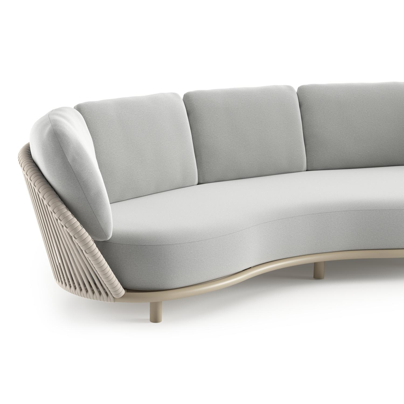 Lupino loungeset in beige aluminium en beige verticaal geweven luxe vlakke brede rope met natte grey chine all weather sunbrella® luxe kussen