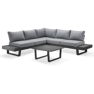 Salon de jardin d'angle Alora en aluminium noir avec coussins en polyester gris et table basse