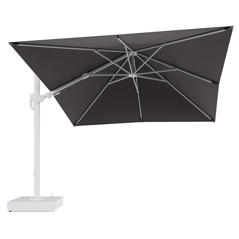 Rufina zweefparasol met tiltfunctie in wit aluminium en Natte Nature Grey All Weather Sunbrella® Luxe parasoldoek - L1 300 x L2 300 cm met parasolvoet Minore 150 kg met wielen