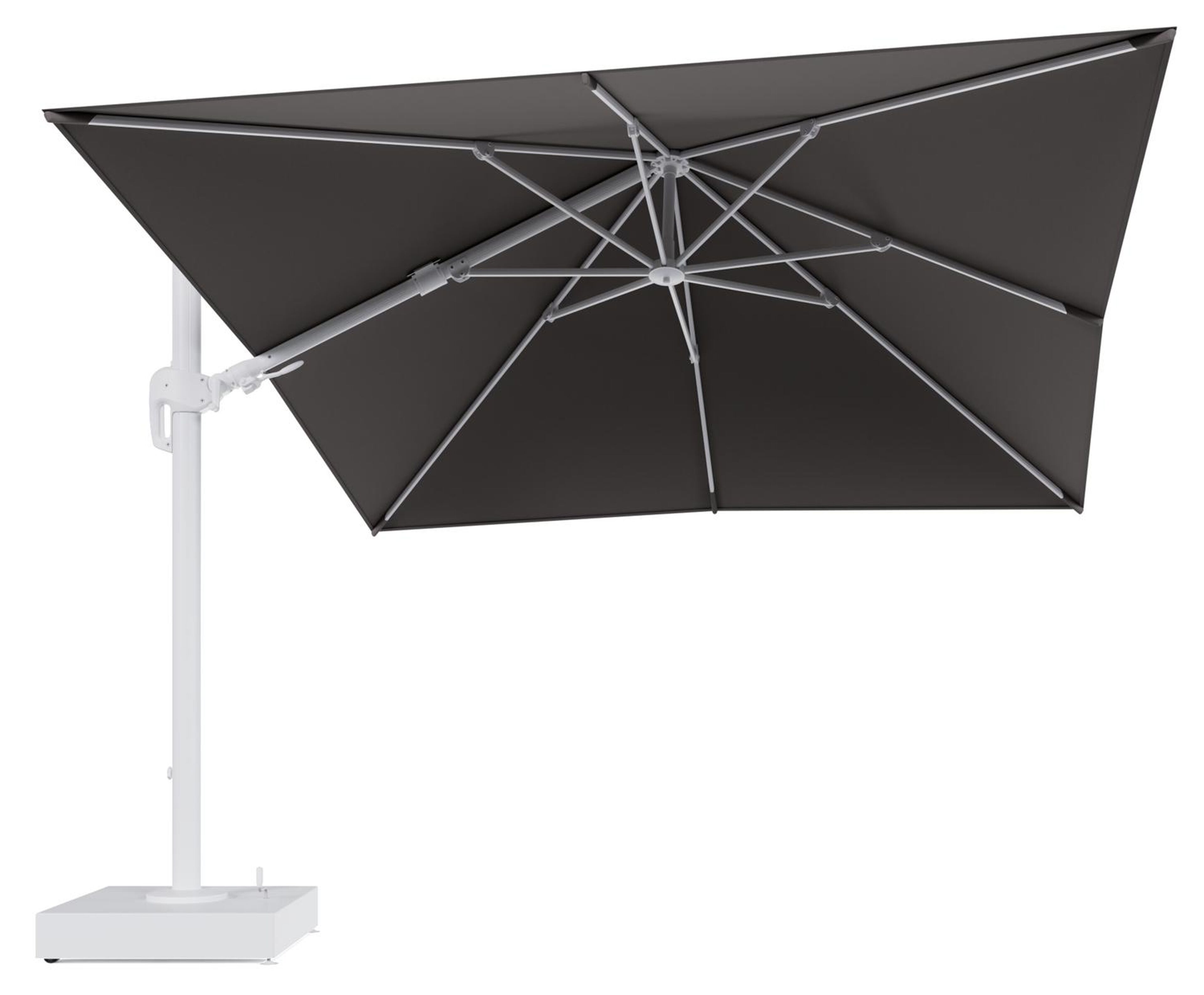 Rufina zweefparasol met tiltfunctie in wit aluminium en Natte Nature Grey All Weather Sunbrella® Luxe parasoldoek - L1 300 x L2 300 cm met parasolvoet Minore 150 kg met wielen