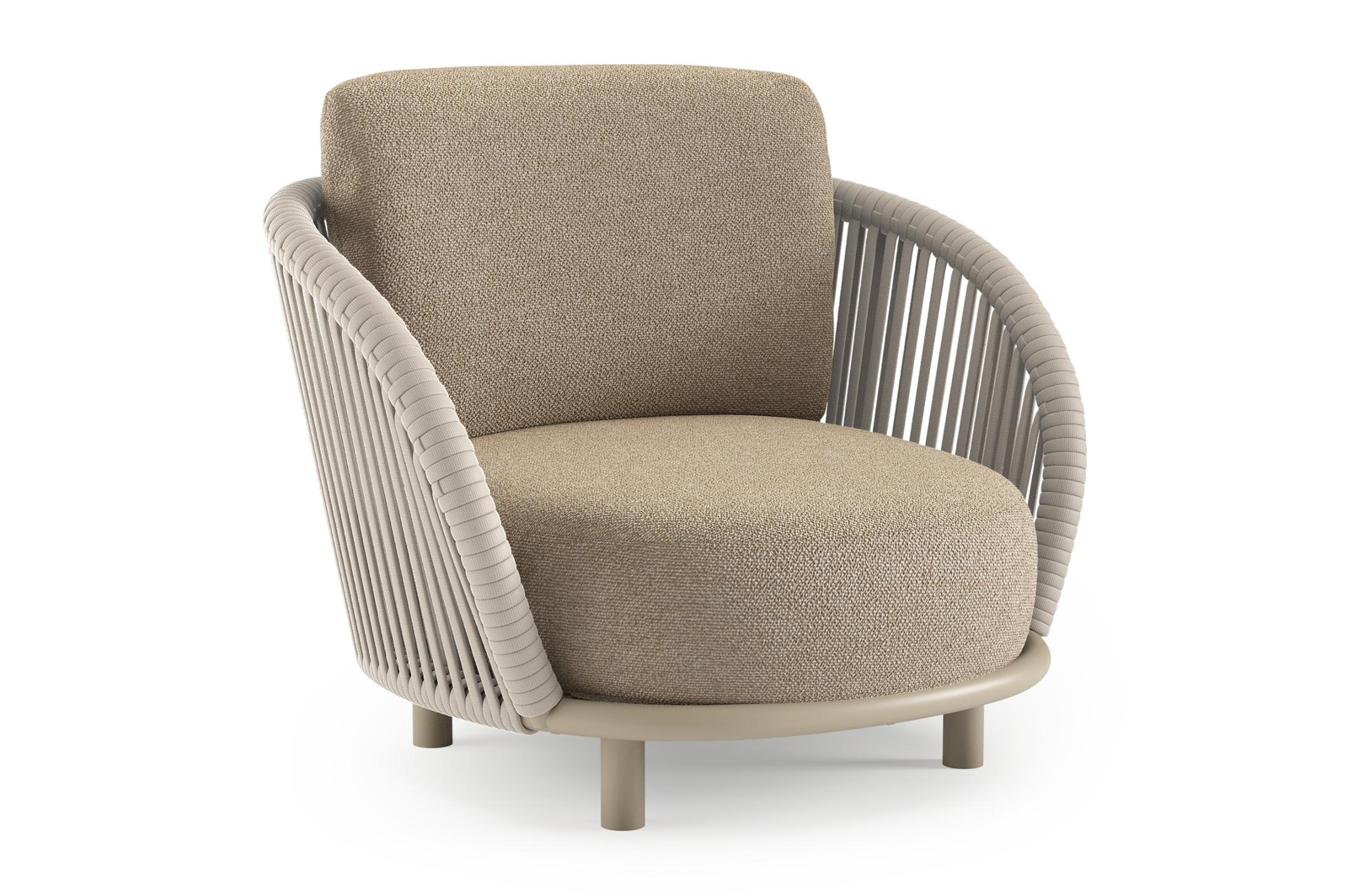 Lupino loungestoel in beige aluminium en beige verticaal geweven luxe vlakke brede rope met madagascar oak all weather cosytica kussen