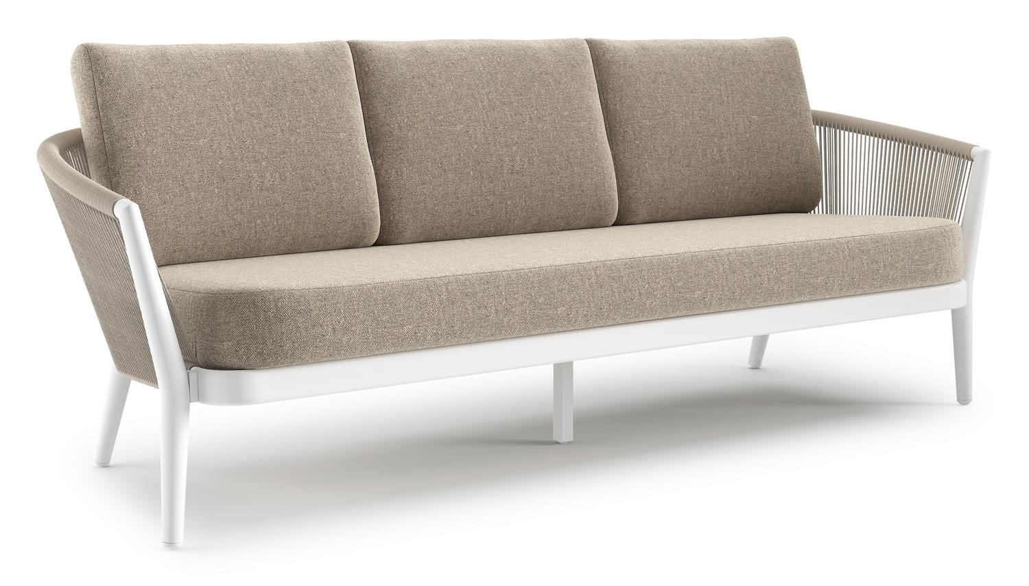 Canapé de jardin Orso en aluminium blanc en corde ronde tissée verticalement beige et coussins en all weather sunbrella® luxe Chartres Pewter