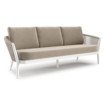 Canapé de jardin Orso en aluminium blanc en corde ronde tissée verticalement beige et coussins en all weather sunbrella® luxe Chartres Pewter