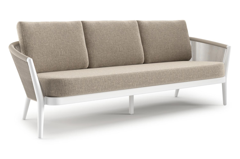 Orso loungebank in wit aluminium en beige verticaal geweven ronde rope met Chartres Pewter all weather sunbrella® luxe kussen