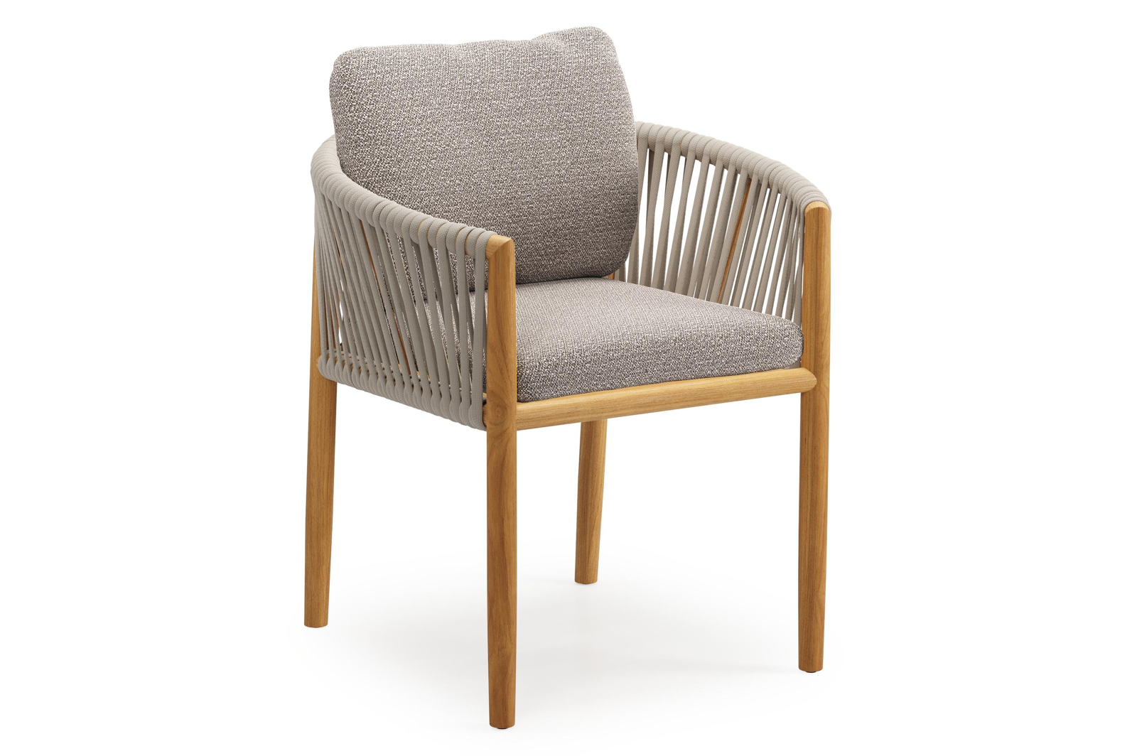 Organo tuinstoel in teak en beige verticaal geweven luxe vlakke rope met zitkussen in All Weather Sunbrella® Luxe Wander Granite