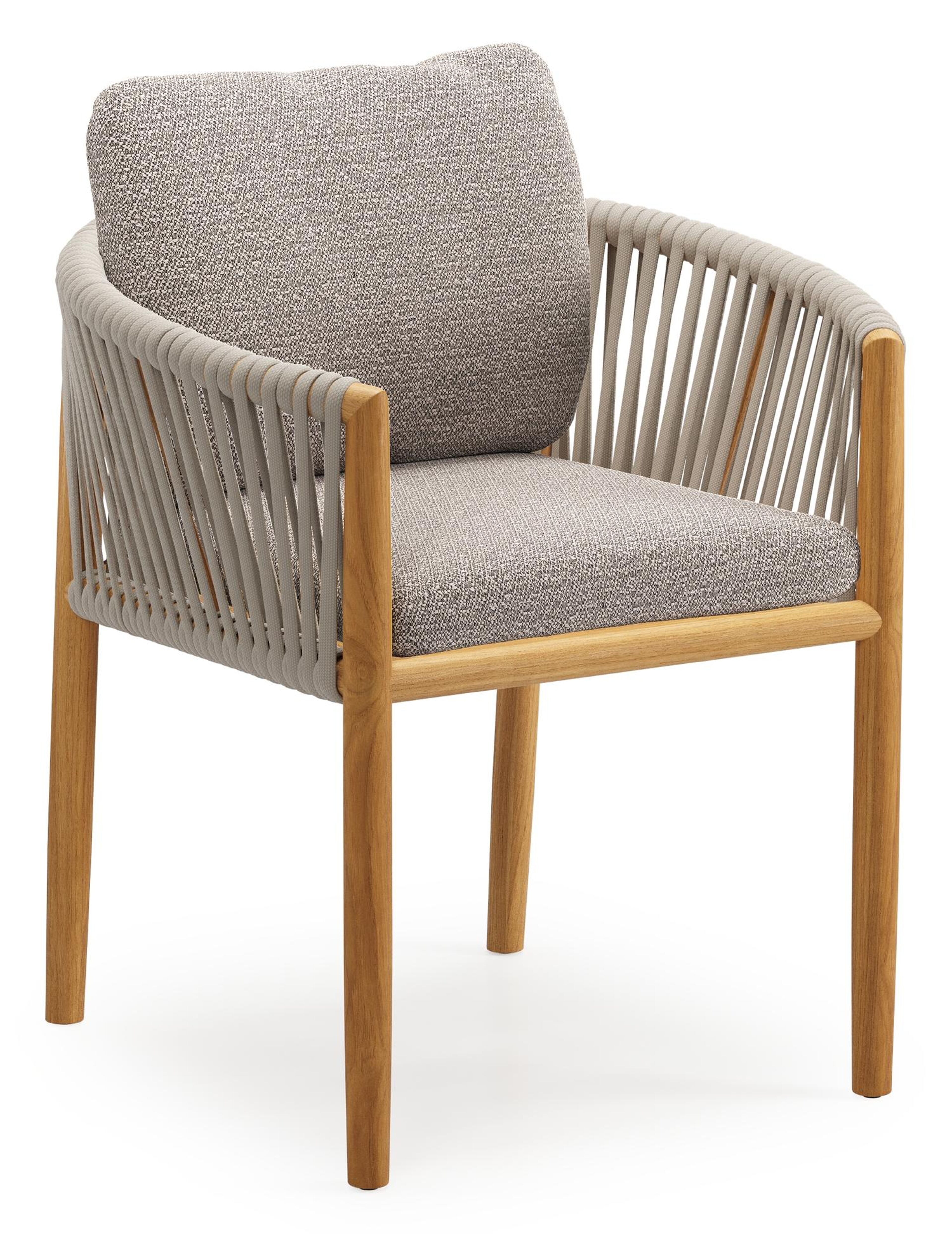 Organo tuinstoel in teak en beige verticaal geweven luxe vlakke rope met zitkussen in All Weather Sunbrella® Luxe Wander Granite