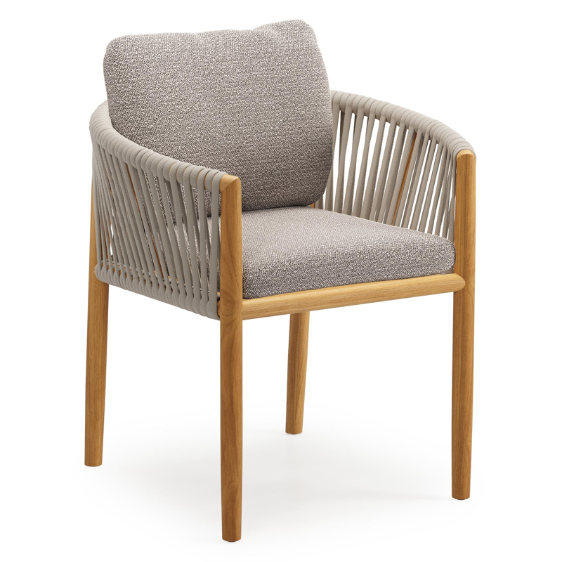 Organo tuinstoel in teak en beige verticaal geweven luxe vlakke rope met zitkussen in All Weather Sunbrella® Luxe Wander Granite