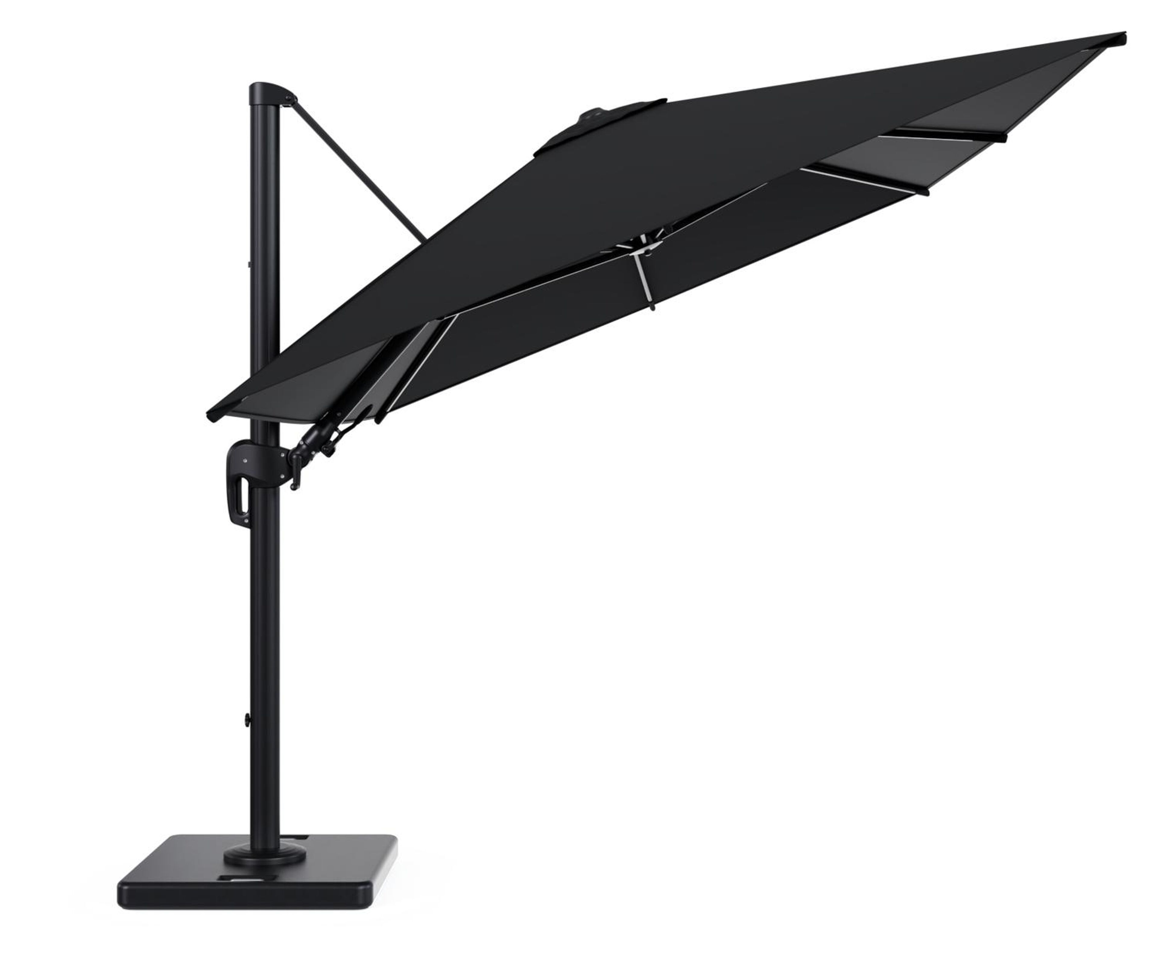 Parasol pendant Rufina avec fonction tilt en aluminium noir avec toile de parasol en all weather sunbrella® premium noir - Lg.1 350 x Lg.2 250 cm avec pied de parasol Lapido 120 kg