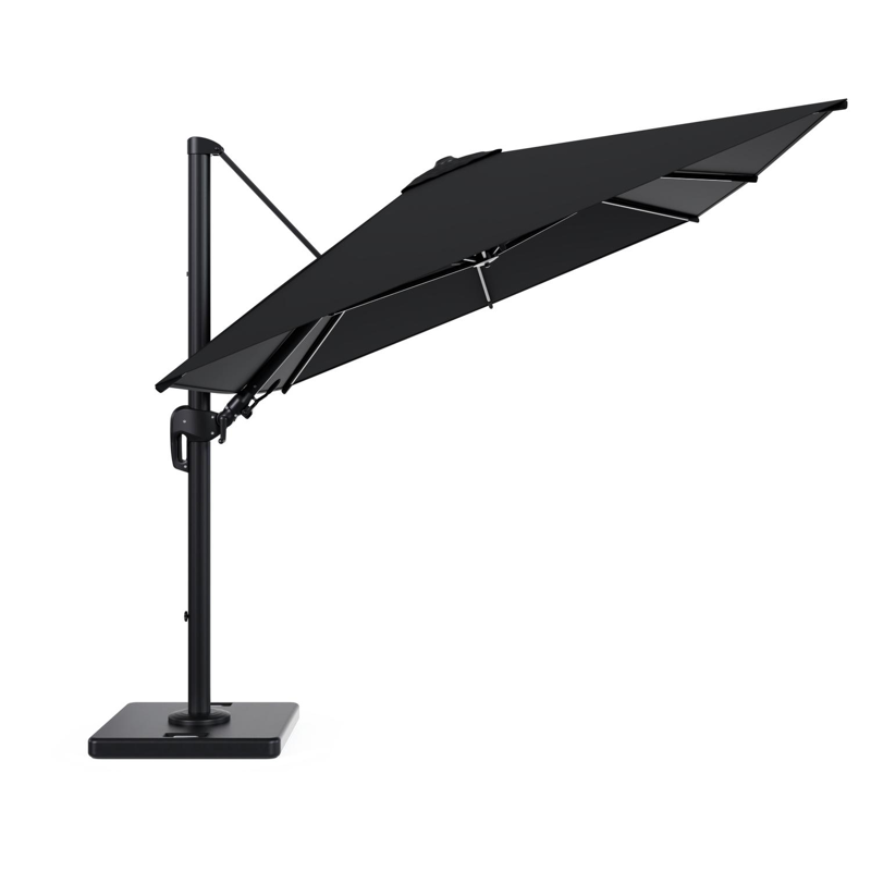 Rufina zweefparasol met tiltfunctie in zwart aluminium met zwart all weather sunbrella® premium parasoldoek - L1 350 x L2 250 cm met parasolvoet Lapido 120 kg