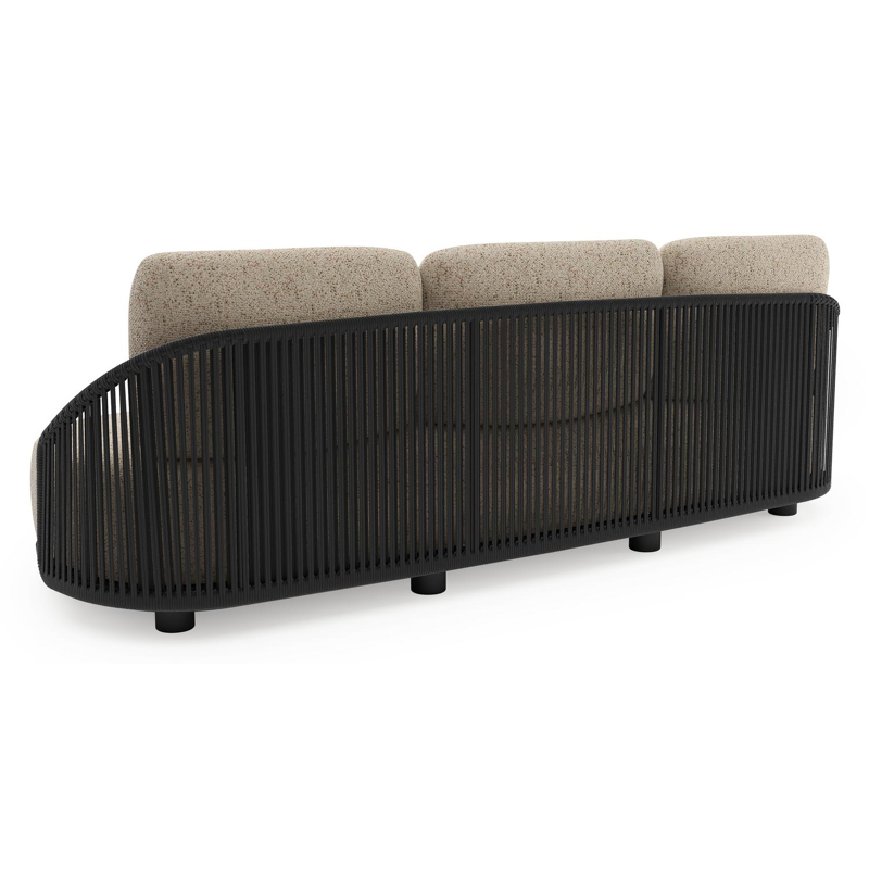 Canapé de jardin Vadelo en aluminium noir et corde ronde tissée verticalement noir et coussins en all weather cosytica bora jungle