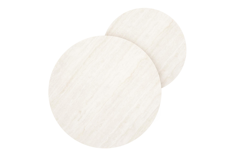Ensemble de 2 tables d'appoint Lacrima ronde en blanc aluminium et céramique pleine Travertino Bianco - Diam. 85 x Haut. 35 cm