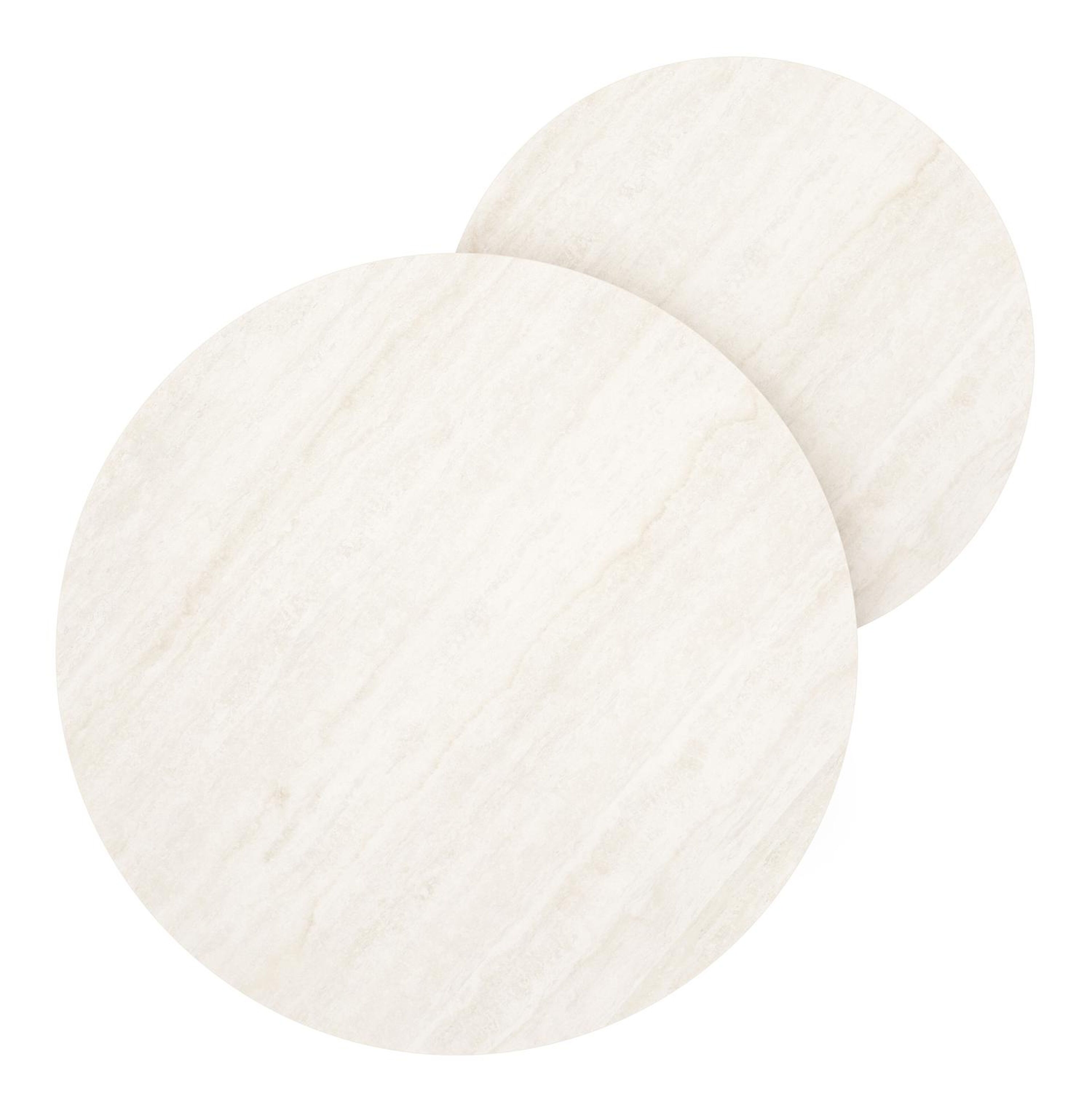 Ensemble de 2 tables d'appoint Lacrima ronde en blanc aluminium et céramique pleine Travertino Bianco - Diam. 85 x Haut. 35 cm