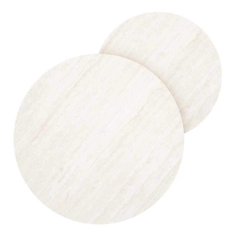 Ensemble de 2 tables d'appoint Lacrima ronde en blanc aluminium et céramique pleine Travertino Bianco - Diam. 85 x Haut. 35 cm