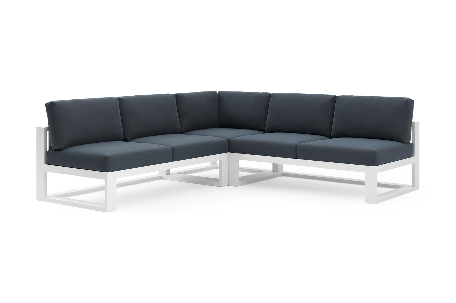 Verato loungehoek in wit aluminium met heritage indigo all weather sunbrella® luxe kussen