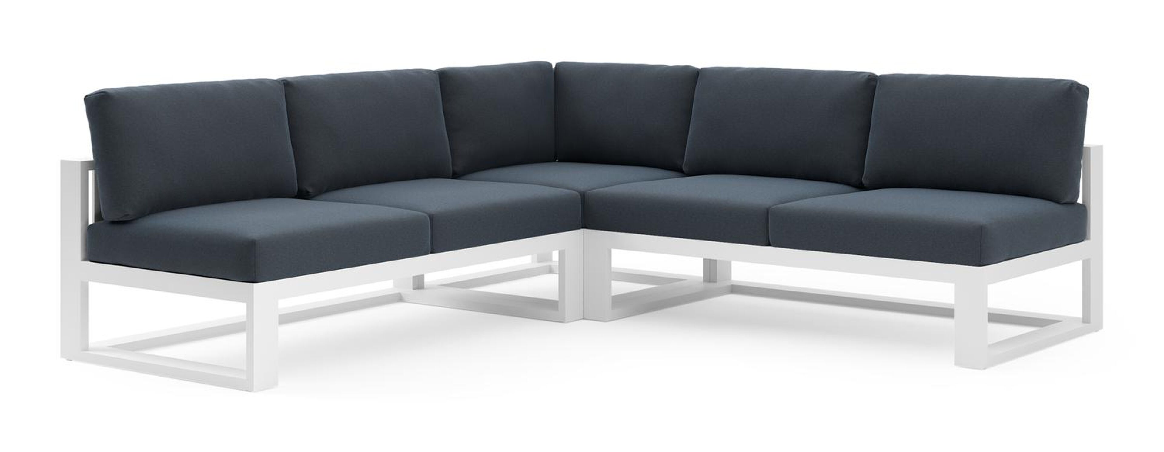 Salon de jardin d'angle Verato en aluminium blanc et coussins en all weather sunbrella® luxe heritage indigo