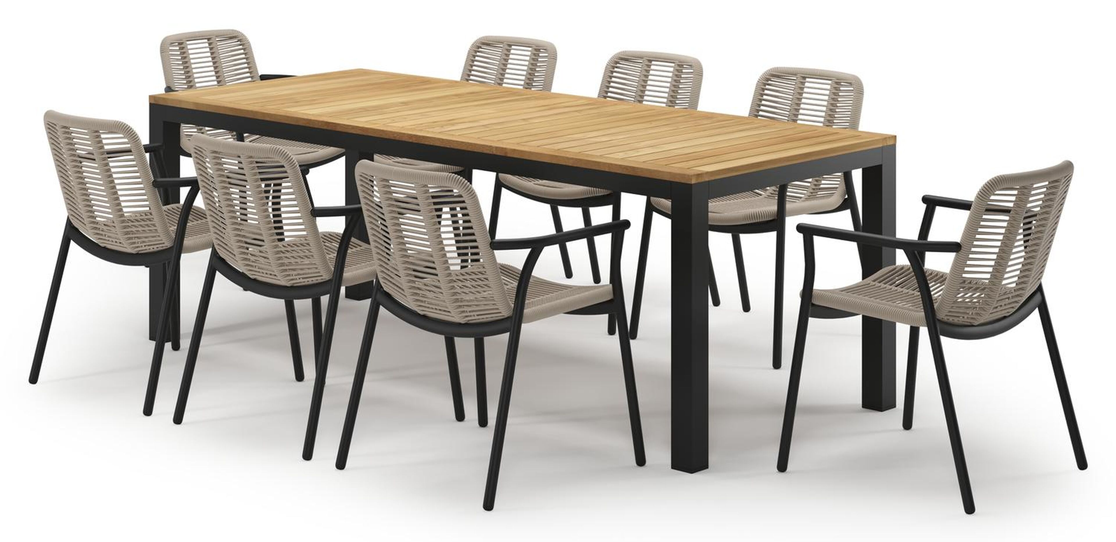 Varese tuinset in zwart aluminium en teak met 8 Berga tuinstoelen
