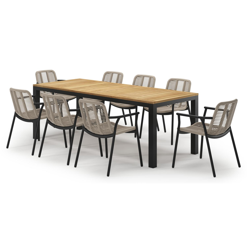 Varese tuinset in zwart aluminium en teak met 8 Berga tuinstoelen