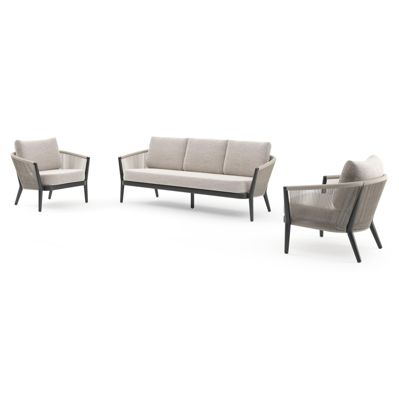 Salon de jardin Orso en aluminium noir en corde ronde tissée verticalement beige et coussins en all weather sunbrella® luxe Tundra Sand