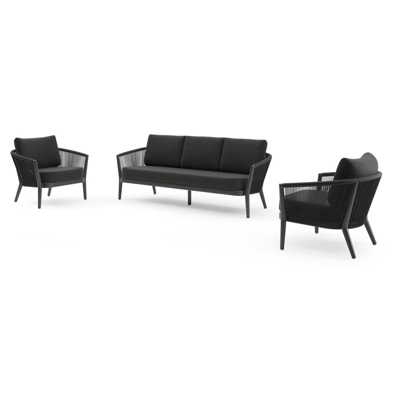 Salon de jardin Orso en aluminium noir en corde ronde tissée verticalement noir et coussins en all weather sunbrella® luxe Chartres Sooty