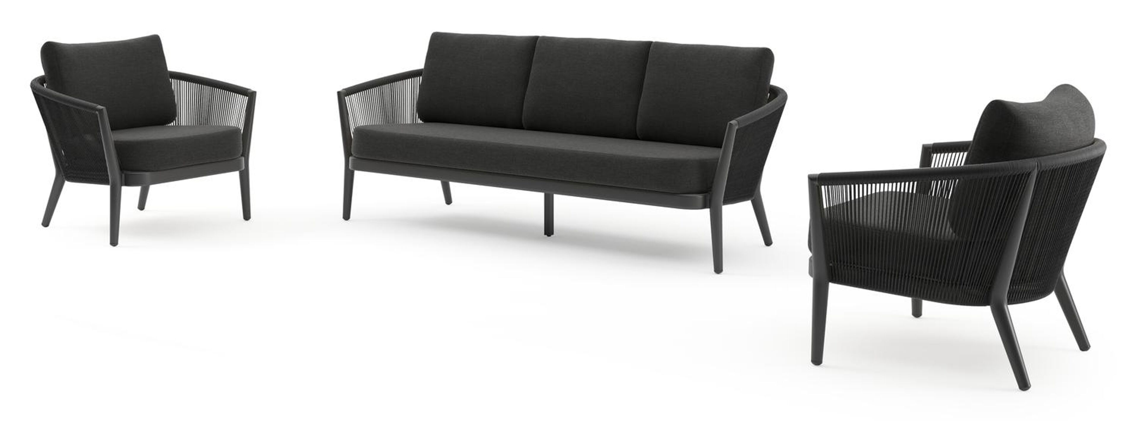 Orso loungeset in zwart aluminium en zwart verticaal geweven ronde rope met Chartres Sooty all weather sunbrella® luxe kussen