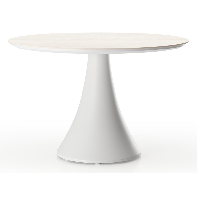 Table de basse low dining Fano ronde en aluminium blanc et céramique pleine Travertino Bianco - Diam. 80 x Haut. 55 cm