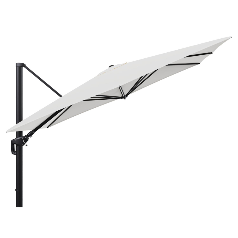 Parasol pendant Minore avec fonction tilt en aluminium noir et toile de parasol en All Weather Sunbrella® Luxe Natte White - Lg.1: 280 x Lg.2: 370 cm (sans pied de parasol