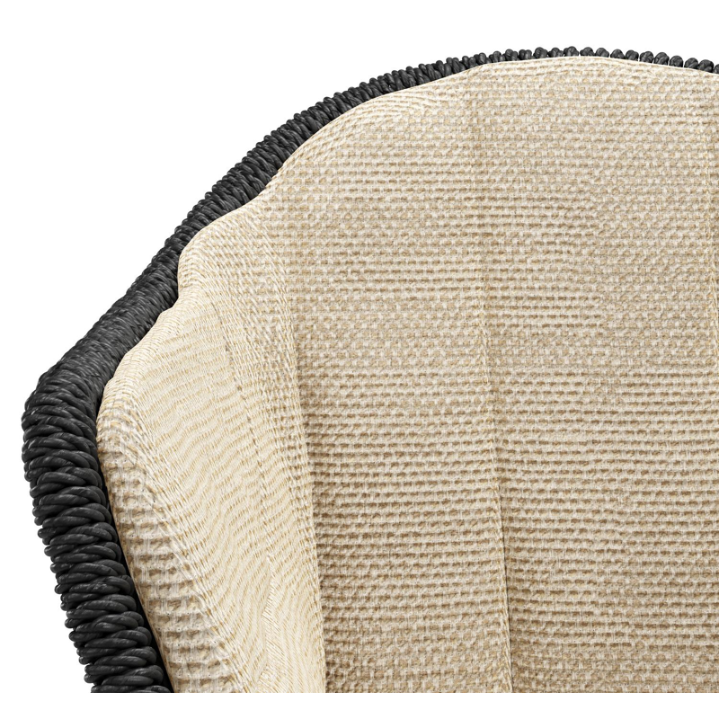 Pagino tuinstoel in zwart aluminium en zwart ronde wicker met zitkussen in All Weather Cosytica Althea Camel