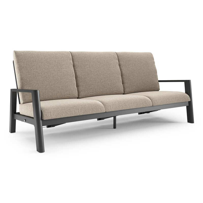 Canapé de jardin Cirello en aluminium noir et coussins en all weather sunbrella® luxe chartres pewter