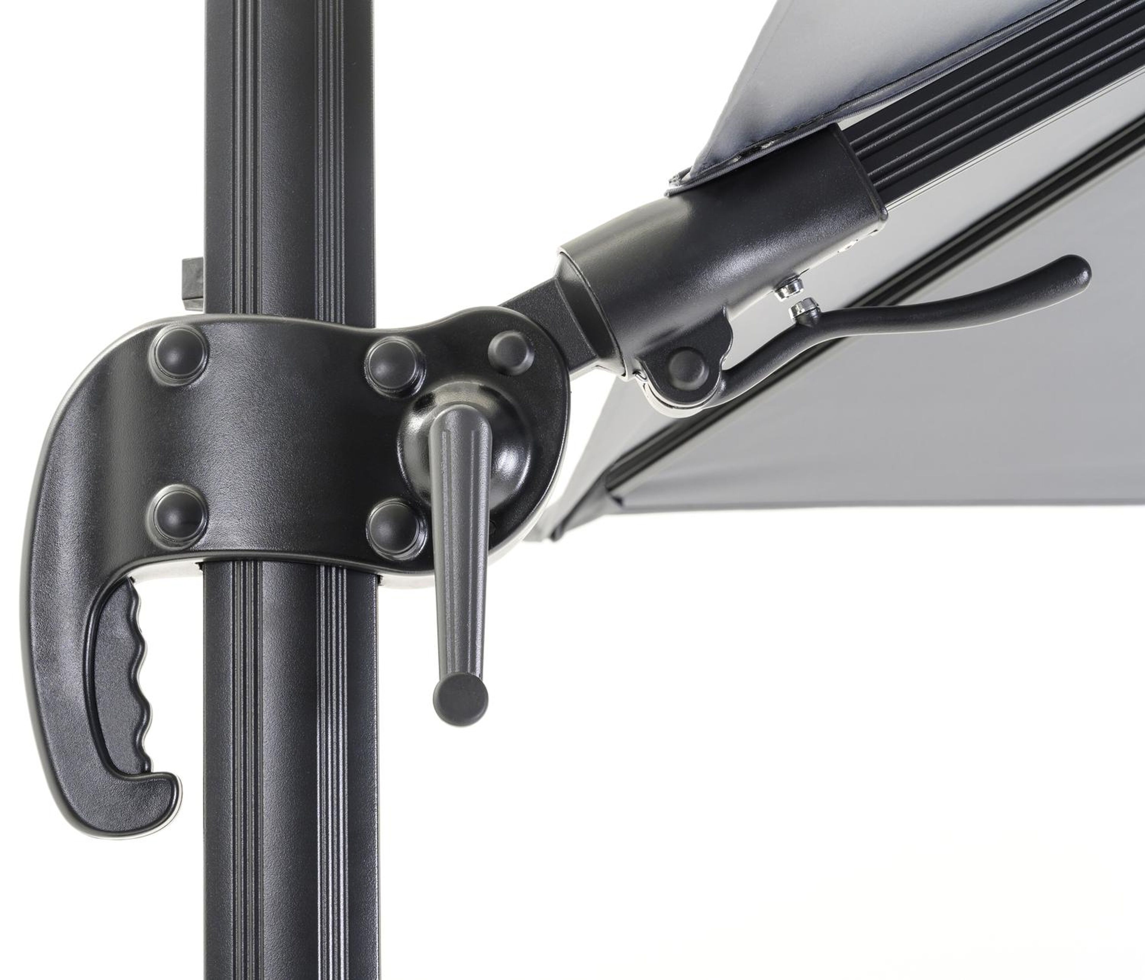 Avola zweefparasol met tiltfunctie in zwart aluminium met grijs sunbrella® premium parasoldoek - L1 300 x L2 300 cm (zonder voet)