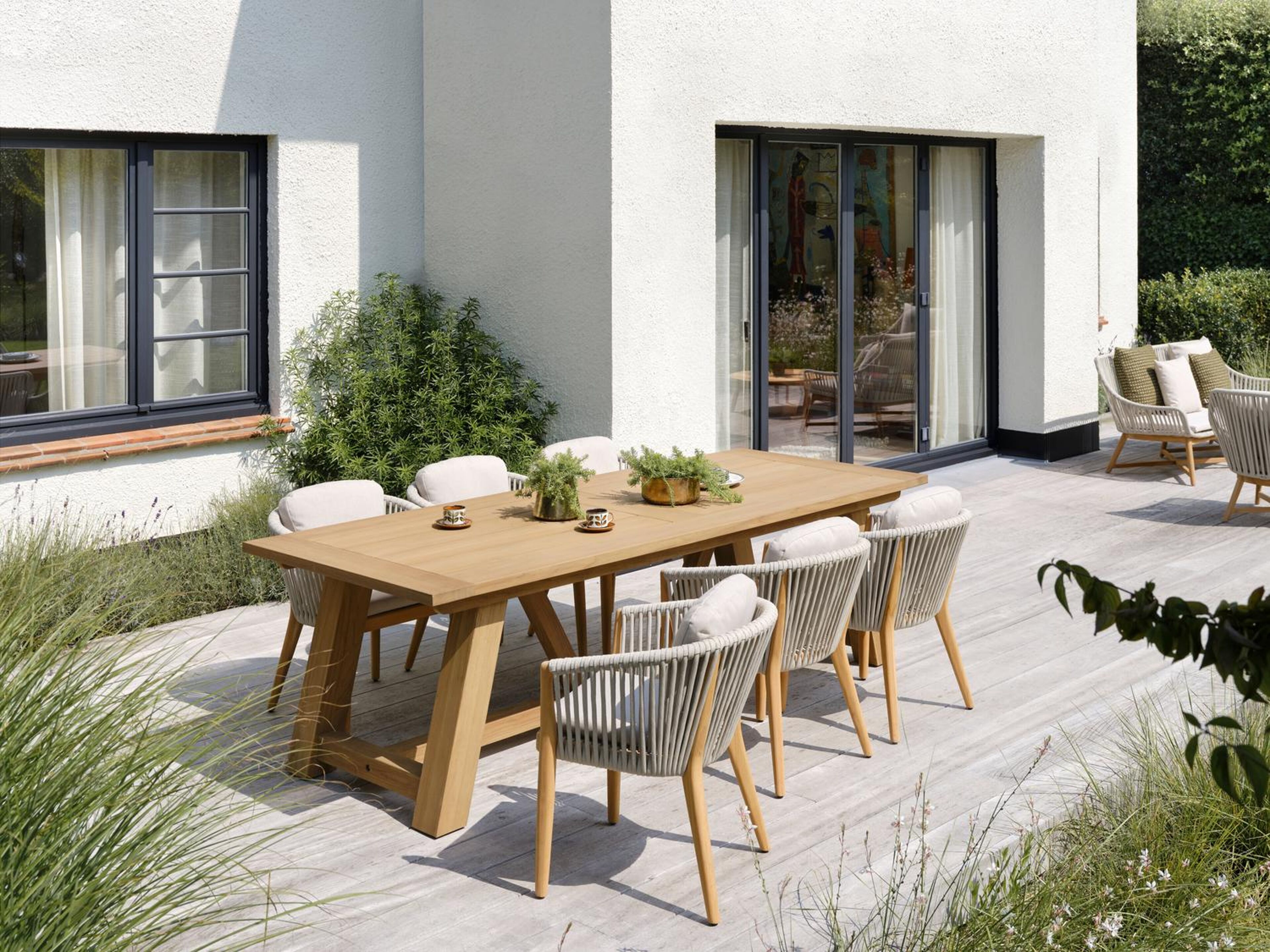 Orso tuinstoel in teak en beige verticaal geweven luxe vlakke rope