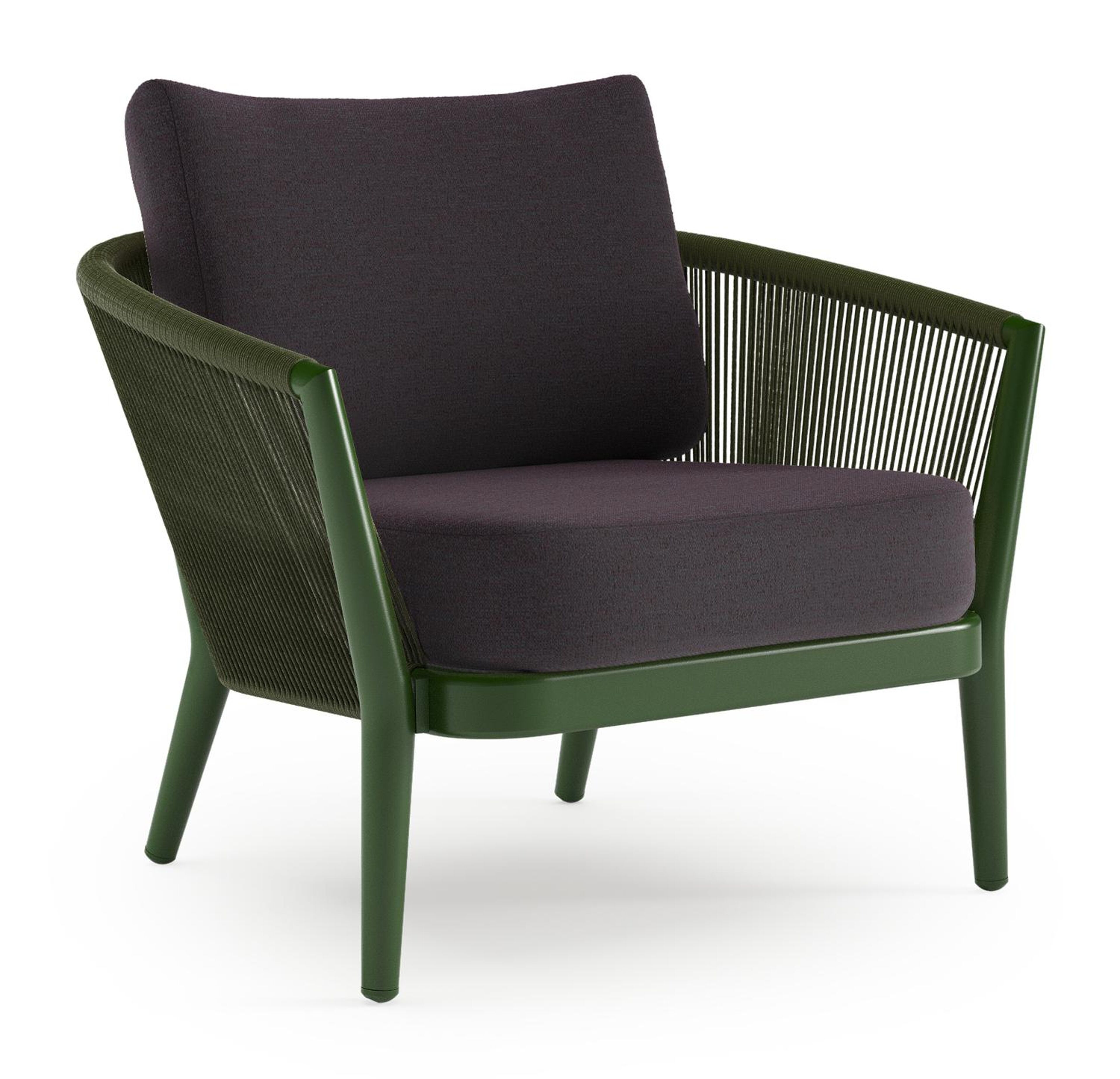 Orso loungestoel in groen aluminium en groen verticaal geweven ronde rope met Tundra Red all weather sunbrella® luxe kussen