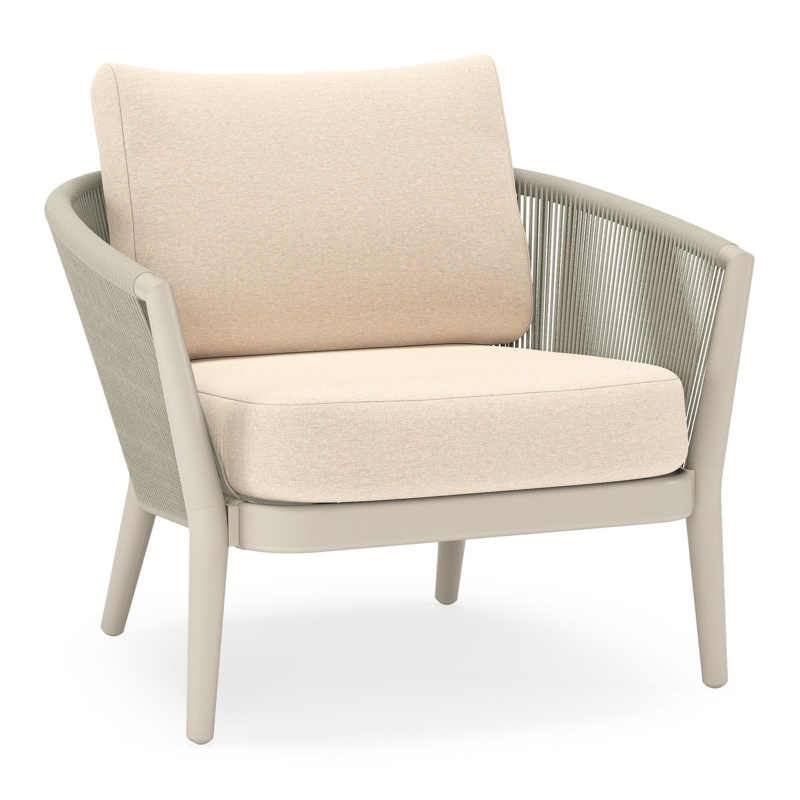 Orso loungestoel in beige aluminium en beige verticaal geweven ronde rope met Heritage Papyrus all weather sunbrella® luxe kussen