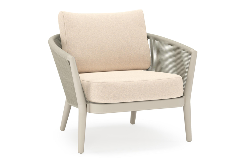 Fauteuil de jardin Orso en aluminium beige en corde ronde tissée verticalement beige et coussins en all weather sunbrella® luxe Heritage Papyrus