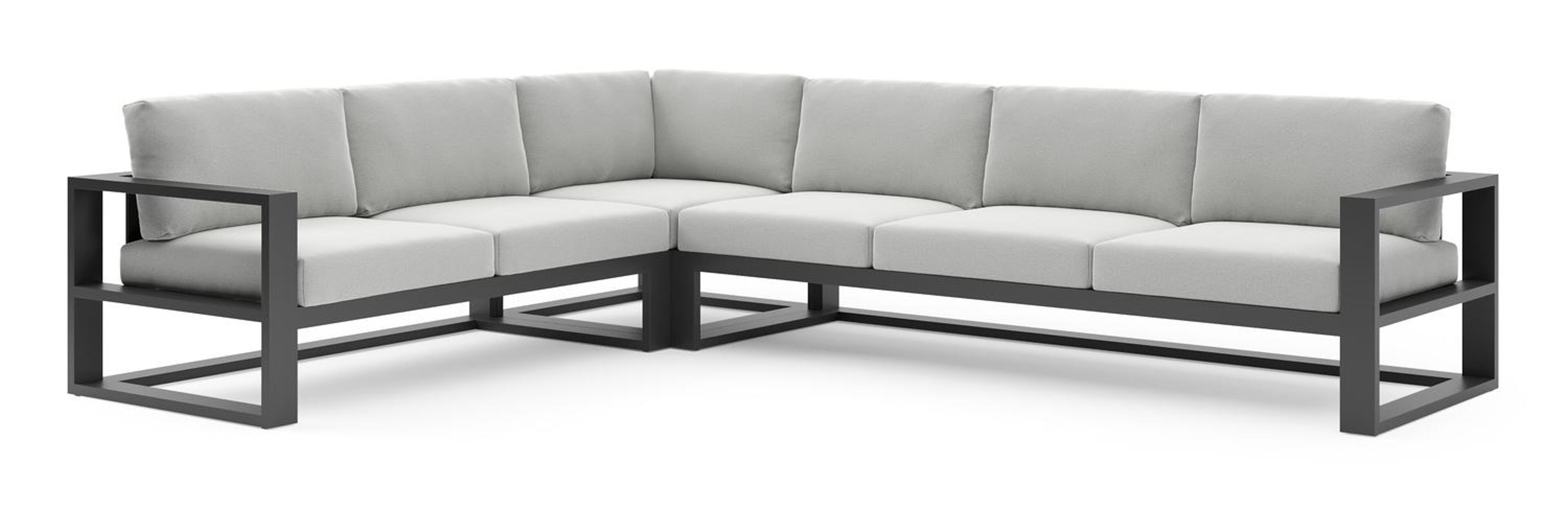 Salon de jardin d'angle Verato en aluminium noir et coussins en all weather sunbrella® luxe natte grey chine