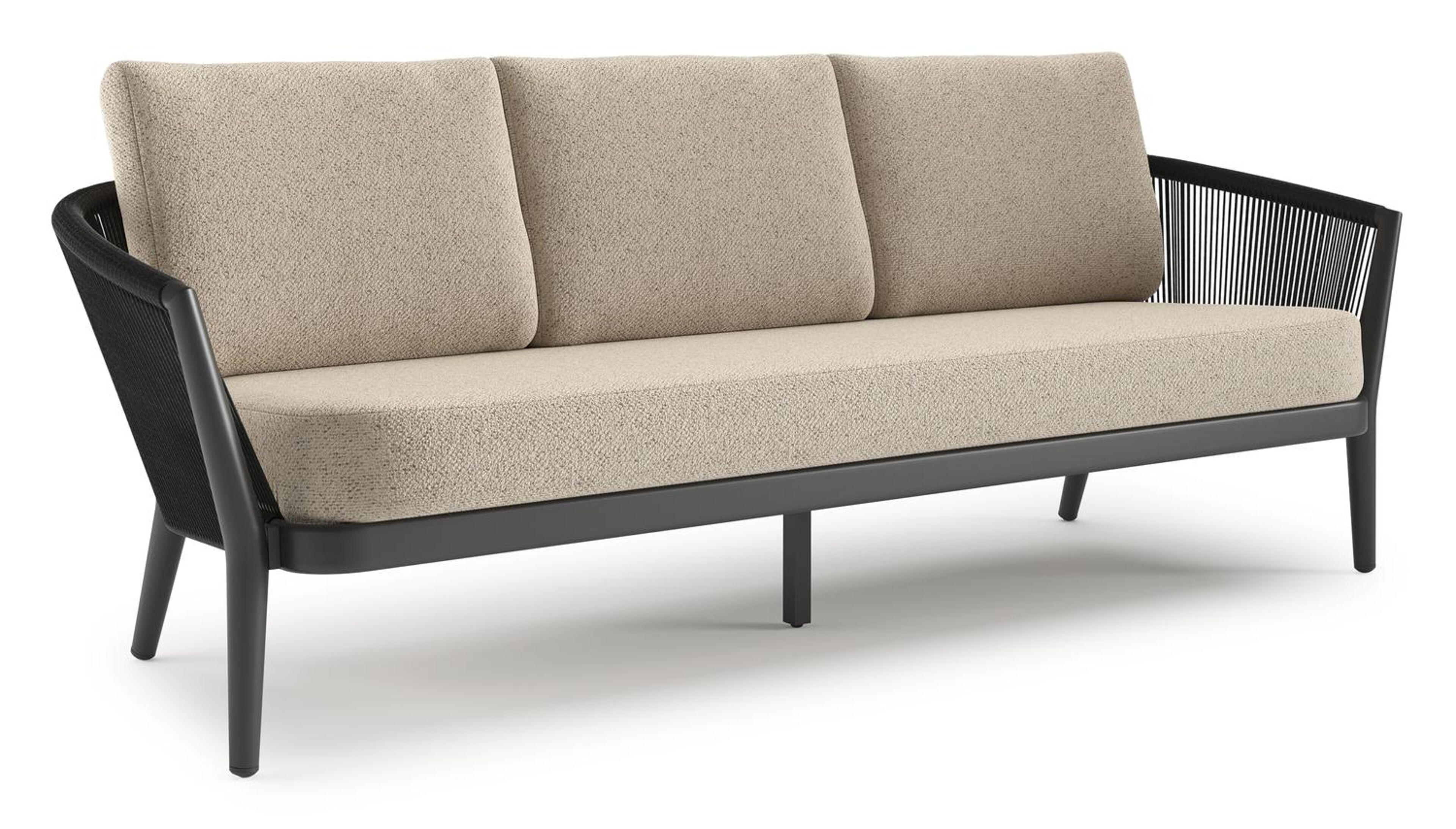 Orso loungebank in zwart aluminium en zwart verticaal geweven ronde rope met Bora Desert all weather cosytica kussen