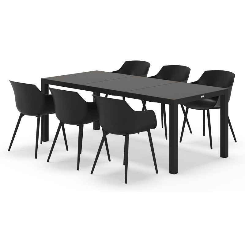 Toma tuinset rechthoekig in zwart aluminium en sintered stone zwart met 6 Paco tuinstoelen