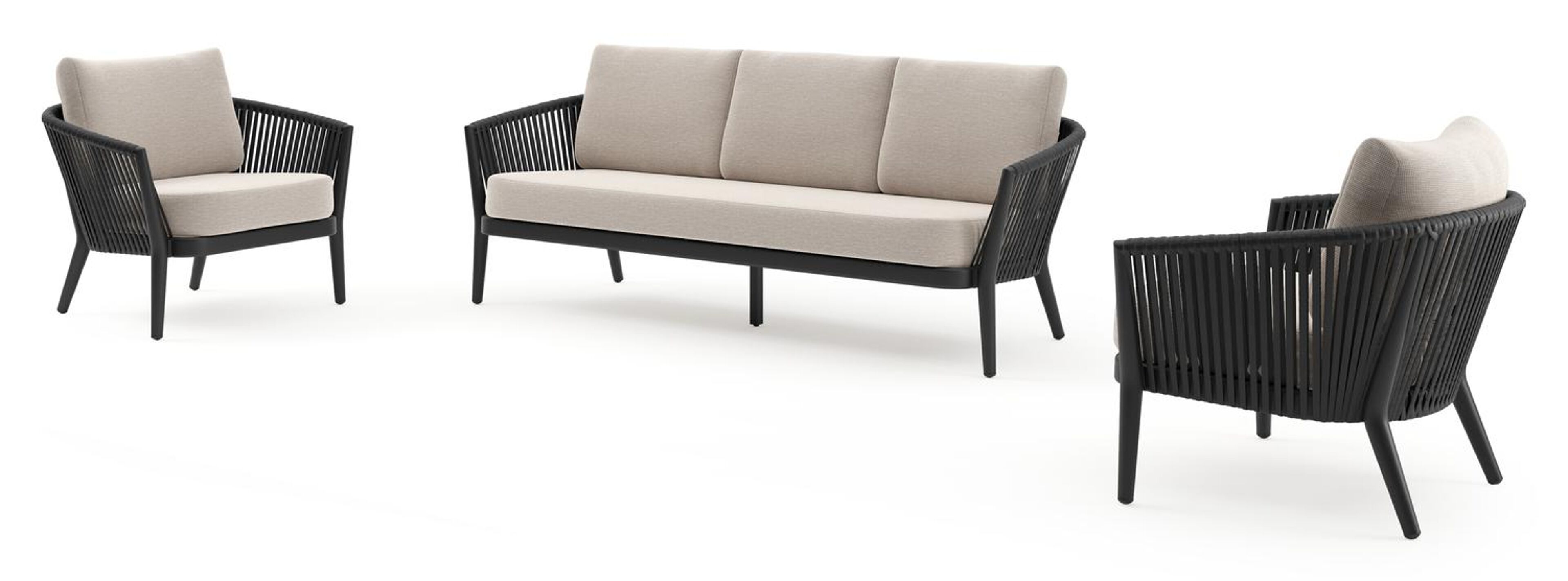 Salon de jardin Orso en aluminium noir en corde luxe plate tissée verticalement noir et coussins en all weather sunbrella® luxe Slow Farafra