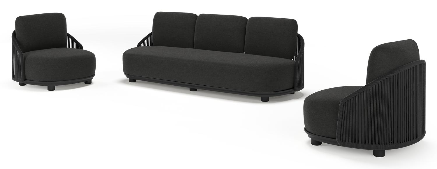 Vadelo loungeset in zwart aluminium en zwart verticaal geweven ronde rope met chartres sooty all weather sunbrella® luxe kussen