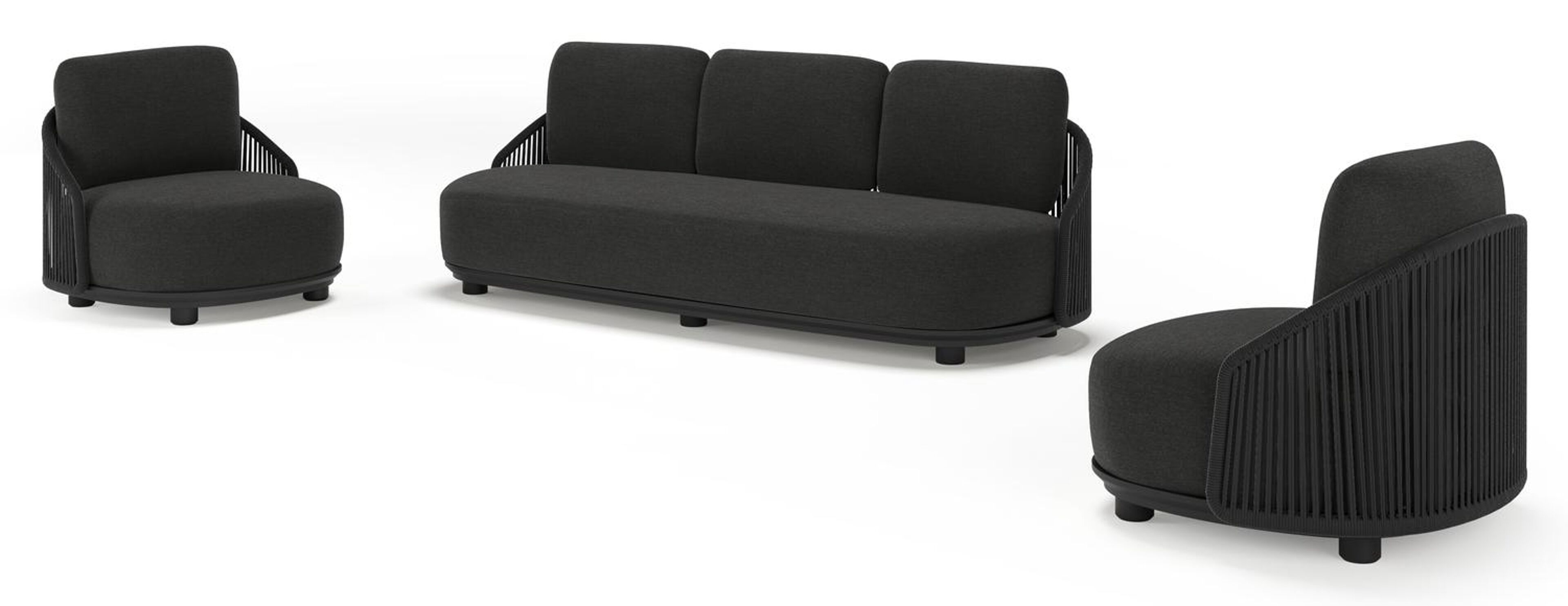 Vadelo loungeset in zwart aluminium en zwart verticaal geweven ronde rope met chartres sooty all weather sunbrella® luxe kussen