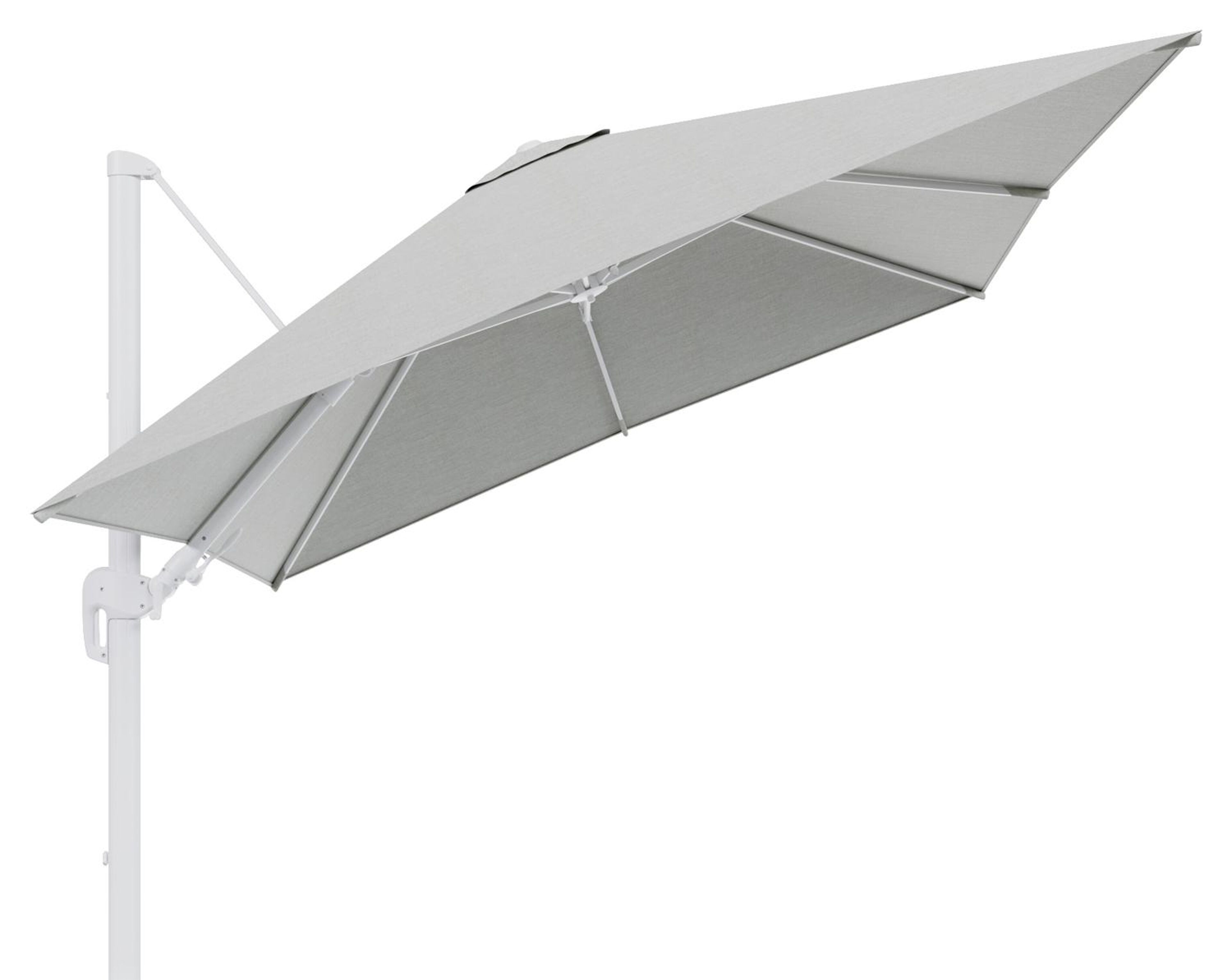 Parasol pendant Rufina avec fonction tilt en aluminium blanc avec toile de parasol en all weather sunbrella® premium gris - Larg1 300 x Larg2 300 cm (sans pied de parasol)