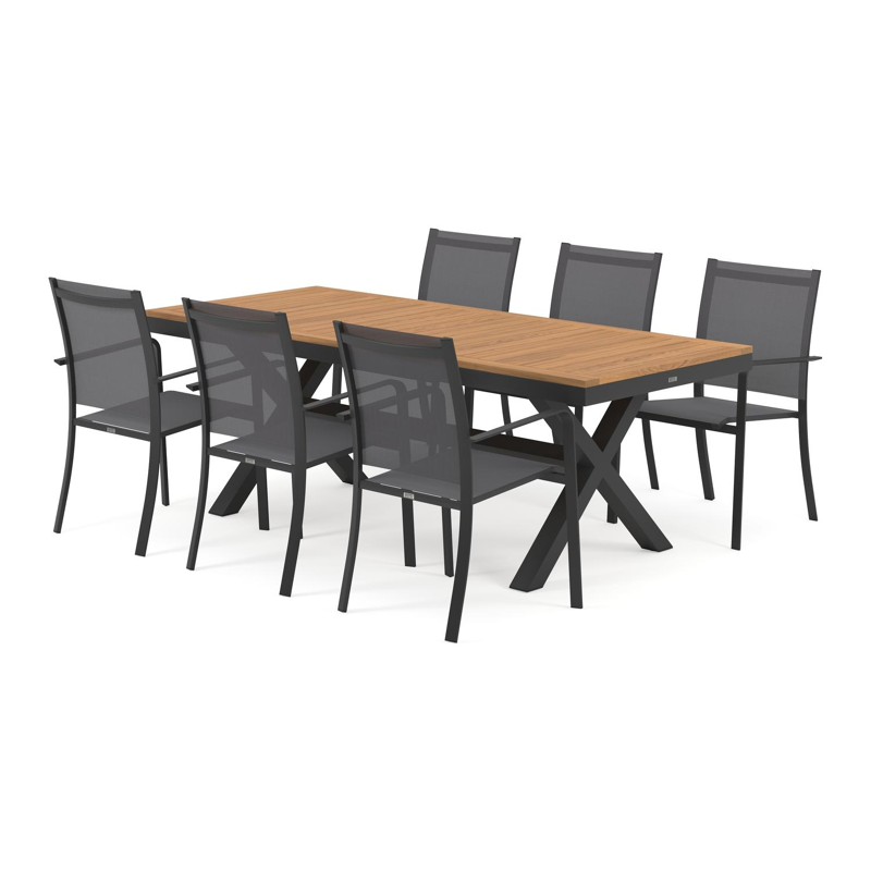 Reza tuinset in zwart aluminium en naturel teak tafelblad met 6 stapelbare Calobra tuinstoelen