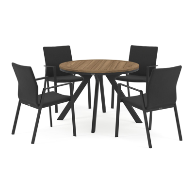 Viaro tuinset in zwart aluminium en colour finish teak tafelblad met 4 stapelbare Madura tuinstoelen